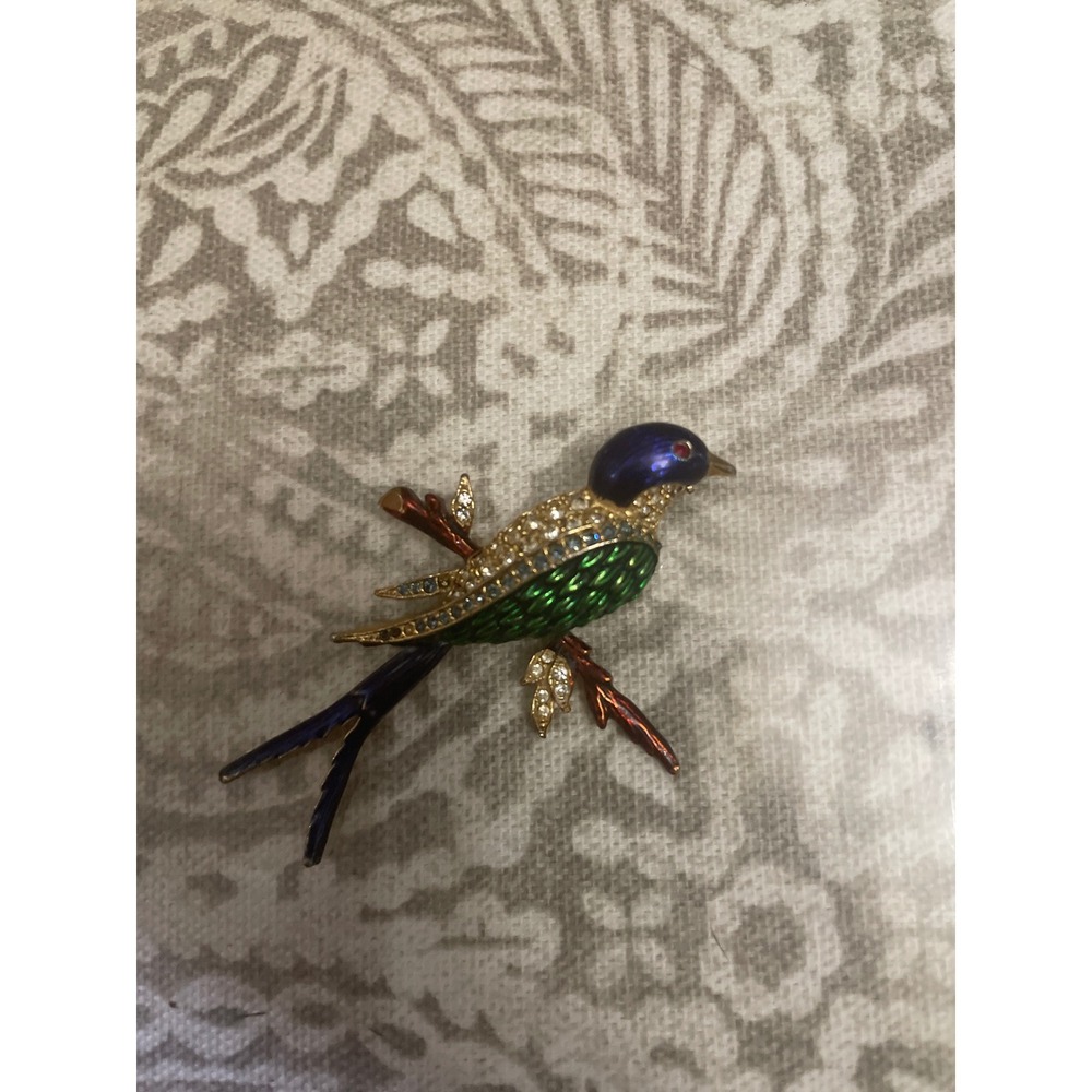 Vintage Sphinx England Enamel Rhinestone Brooch Pin Bird On Tree Branch A2912